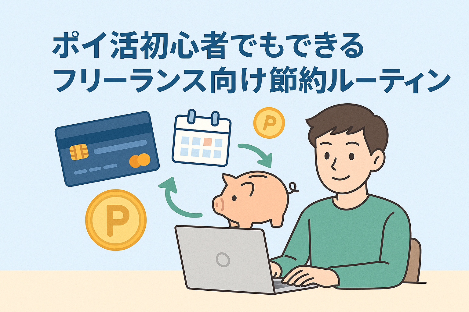 フリーランスがパソコン作業をしながら、クレジットカード・ポイント・カレンダー・貯金箱のアイコンに囲まれて節約ルーティンを実践する様子を描いたイラスト。