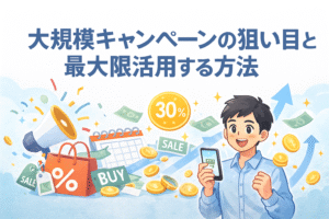 大規模キャンペーンを活用するための情報を説明する男性と、割引タグ・コイン・スマホ決済アイコンなどが並ぶイラストで構成されたバナー画像。