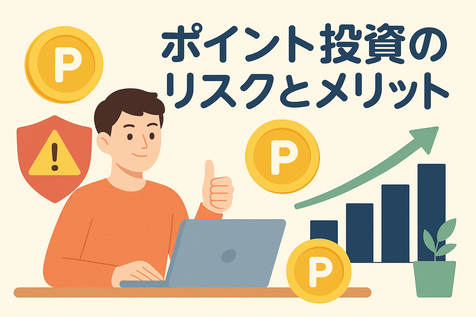 パソコンでポイント投資を確認する男性の周りに、ポイントコイン、上昇グラフ、注意マークのシールドアイコンが描かれ、「ポイント投資のリスクとメリット」という見出しが入ったアイキャッチ画像。