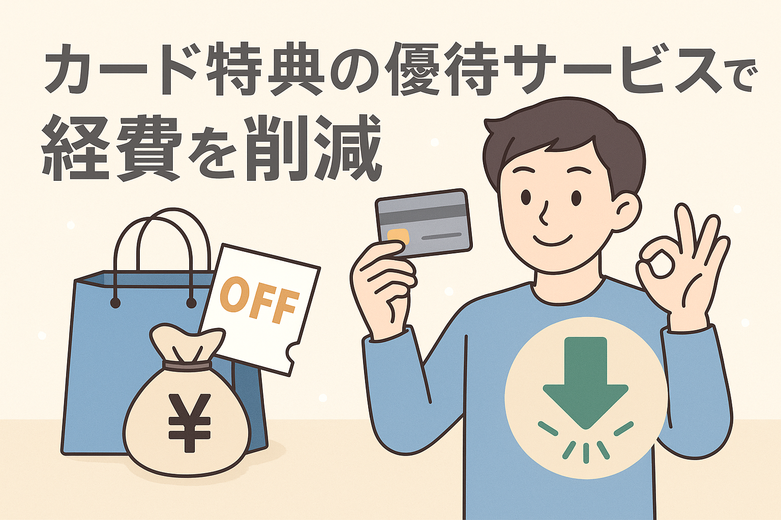 クレジットカードを手にした男性と、割引チケットや節約を象徴するアイコンが描かれ、「カード特典の優待サービスで経費を削減」という見出しが入ったイラストのアイキャッチ画像。