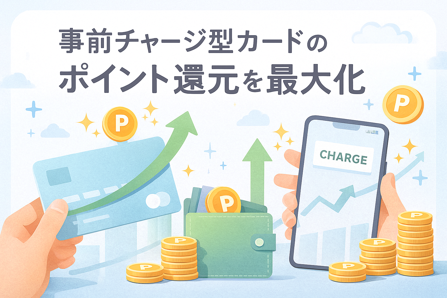 事前チャージ型プリペイドカードとスマートフォン、積み上がるポイントコインが描かれ、ポイント還元率が上がるイメージを表現したアイキャッチ画像。