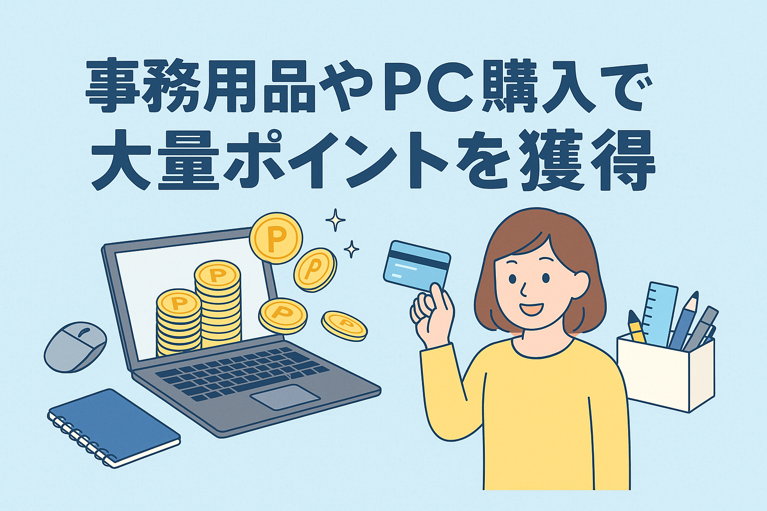 事務用品やPC購入でポイントを大量獲得できることを表現したイラストで、ノートPCからポイントコインが飛び出し、クレジットカードを持つ人物と事務用品が描かれているアイキャッチ画像。