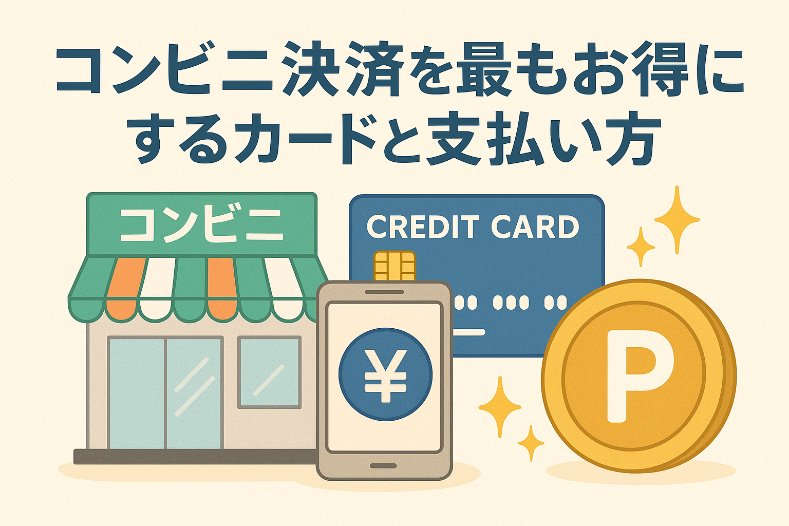 コンビニ店舗、クレジットカード、スマートフォン決済、ポイントコインのイラストを用いて、コンビニ決済をお得にするカードと支払い方法を紹介する内容を表現したアイキャッチ画像。