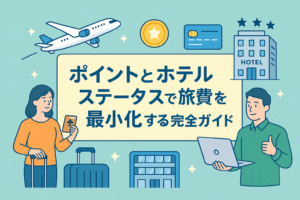 ポイント活用とホテルステータスによる旅費節約をイメージしたイラストで、飛行機・ホテル・クレジットカード・旅行者が描かれた横長デザインに「ポイントとホテルステータスで旅費を最小化する完全ガイド」という見出しが入っている画像。