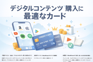 デジタルコンテンツ購入に適したクレジットカードをテーマに、音楽・動画・電子書籍・アプリ・Amazonなどのアイコンとカードを持つ手が描かれた横長のイラスト画像。
