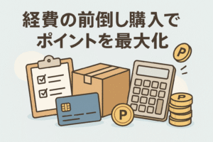 経費の前倒し購入でポイントを最大化するイメージとして、チェックリスト付きのクリップボード、段ボール箱、クレジットカード、電卓、ポイントコインが並んだイラストと「経費の前倒し購入でポイントを最大化」という日本語タイトルが描かれた横長バナー画像。