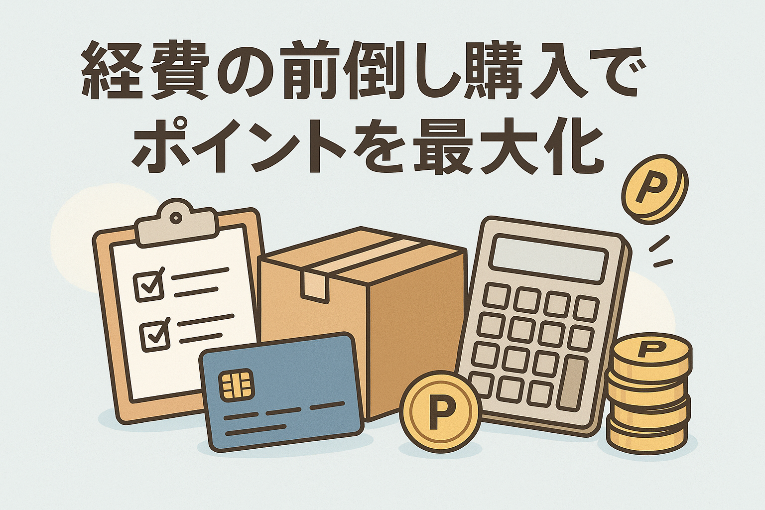 経費の前倒し購入でポイントを最大化するイメージとして、チェックリスト付きのクリップボード、段ボール箱、クレジットカード、電卓、ポイントコインが並んだイラストと「経費の前倒し購入でポイントを最大化」という日本語タイトルが描かれた横長バナー画像。