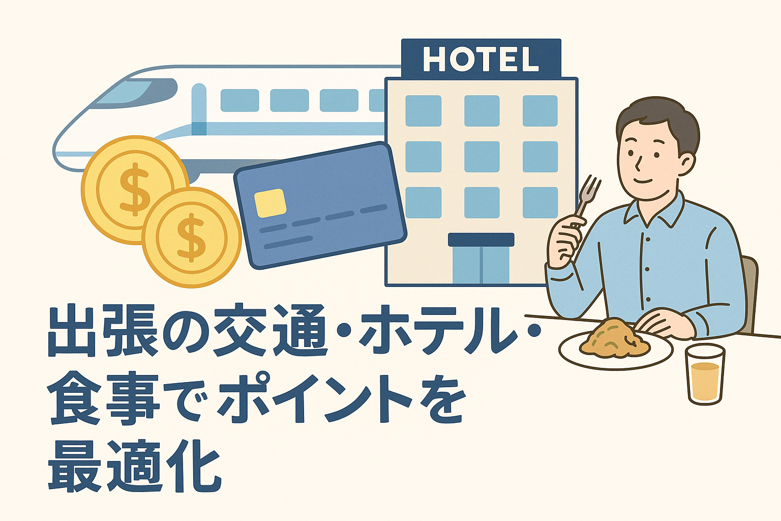 新幹線、ホテル、クレジットカード、ポイントのコイン、そして食事をとる男性のイラストが並び、記事タイトル「出張の交通・ホテル・食事でポイントを最適化」と書かれた横長バナー画像。