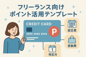 フリーランス向けのポイント活用テンプレートをテーマにしたイラストで、女性がクレジットカードと固定費・変動費・特定月のアイコンを指し示しているアイキャッチ画像。