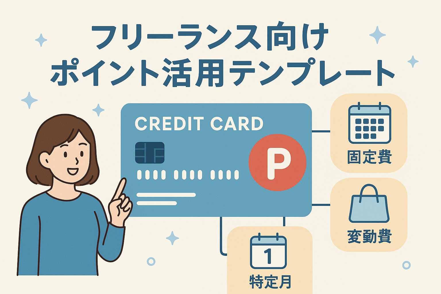 フリーランス向けのポイント活用テンプレートをテーマにしたイラストで、女性がクレジットカードと固定費・変動費・特定月のアイコンを指し示しているアイキャッチ画像。