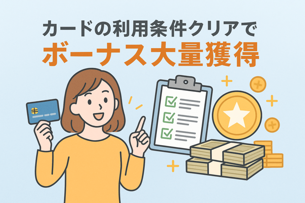 クレジットカードの利用条件をクリアしてボーナスを獲得する様子をイメージしたイラストで、カードを持つ女性、チェックリスト、コインや紙幣のイラストが描かれたアイキャッチ画像。