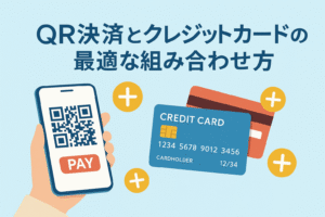 QR決済とクレジットカードを組み合わせてポイントを最大化するイメージとして、スマートフォンに表示されたQRコードと複数のクレジットカードが描かれたアイキャッチ画像。