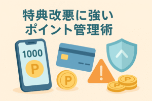 特典改悪に備えてポイントを守る様子を表現したイラストで、スマートフォンのポイント表示、クレジットカード、Pマークのコイン、警告マーク、保護を象徴するシールドアイコンが描かれたアイキャッチ画像。