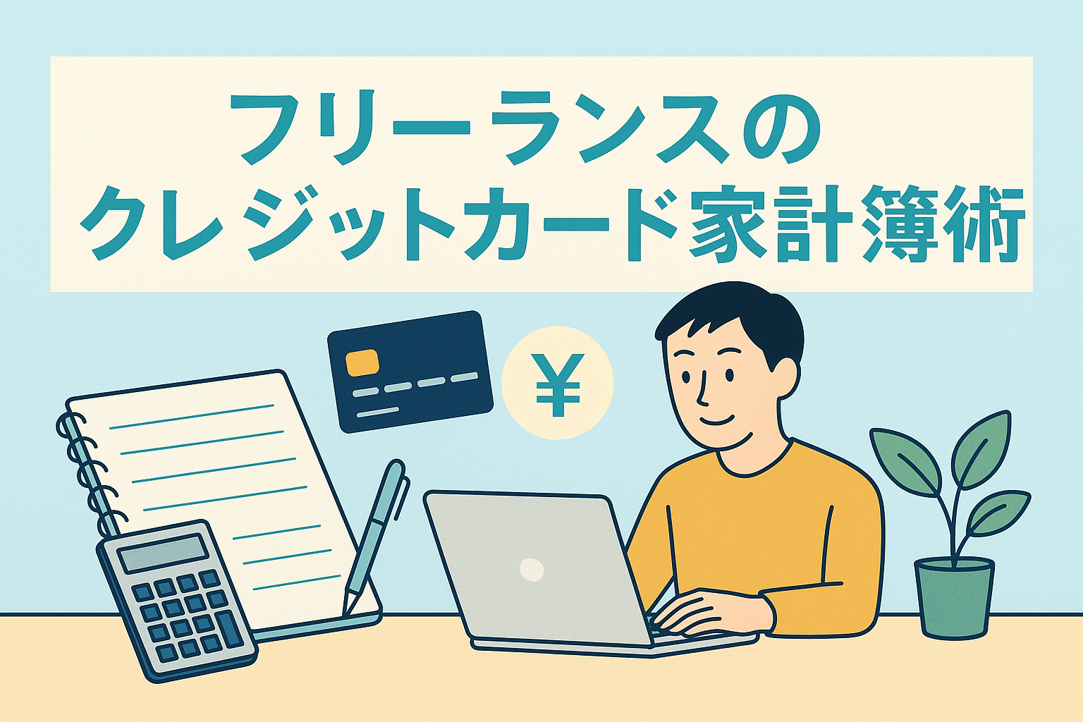 フリーランスがクレジットカードと家計簿を活用して支出管理を行う様子を描いたイラスト。パソコン、電卓、メモ帳、クレジットカードなどが並び、家計管理のイメージが直感的に伝わるデザイン。