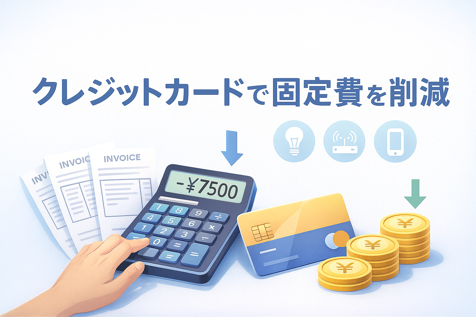 クレジットカードを使って固定費を削減するイメージを表現したイラスト。電卓、支出一覧、クレジットカード、コインなどが並び、家計見直しや節約をわかりやすく示している。