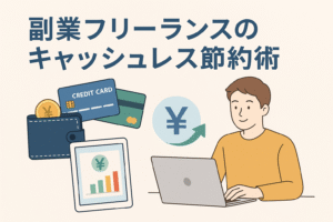 副業フリーランスがキャッシュレス決済を活用して節約に取り組む様子をイメージしたイラスト。クレジットカード、財布、家計管理のグラフ、ノートパソコンを操作する人物などが描かれ、支出管理やポイント活用が直感的に伝わるデザイン。