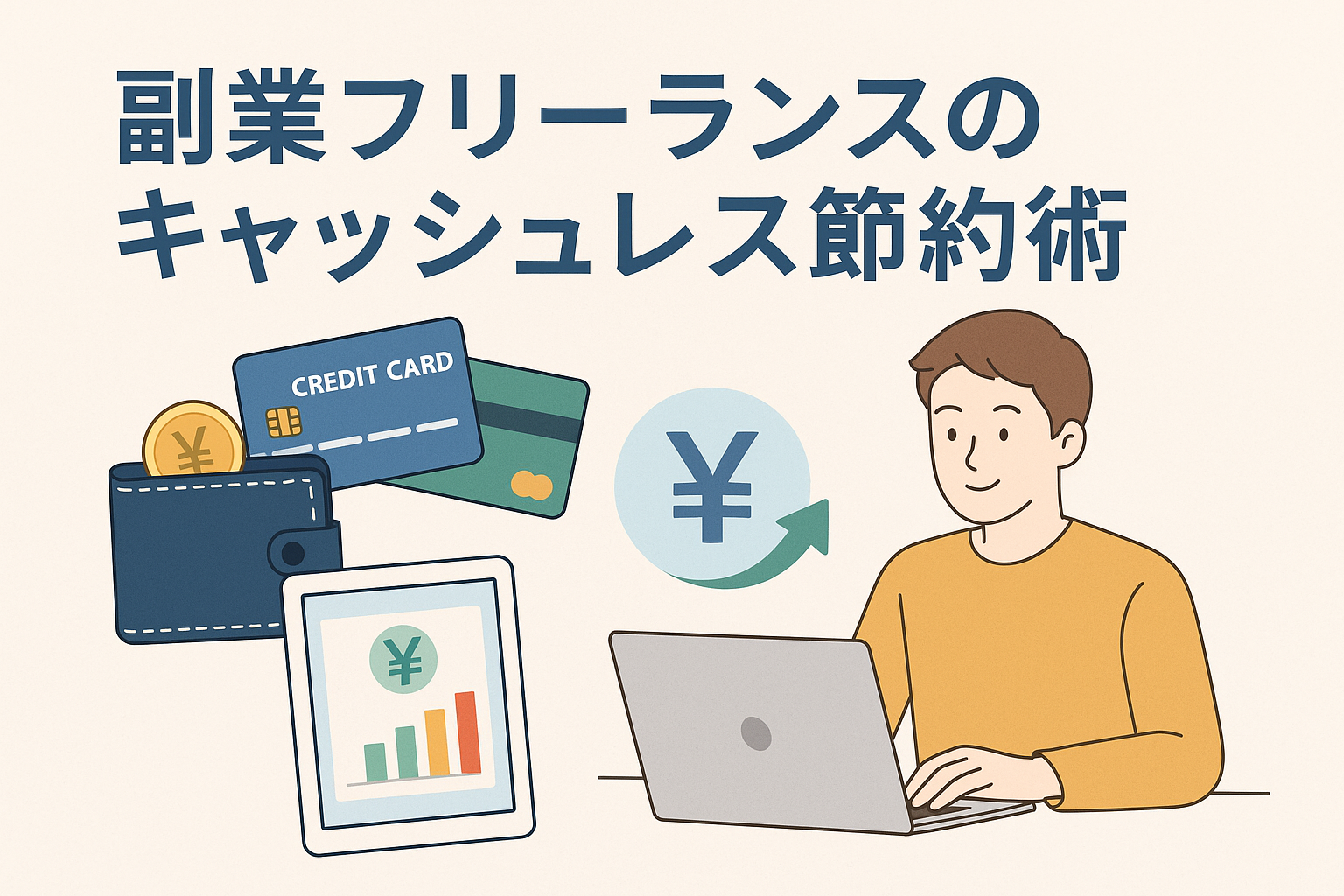 副業フリーランスがキャッシュレス決済を活用して節約に取り組む様子をイメージしたイラスト。クレジットカード、財布、家計管理のグラフ、ノートパソコンを操作する人物などが描かれ、支出管理やポイント活用が直感的に伝わるデザイン。