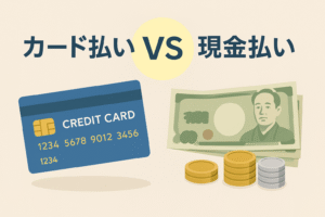クレジットカードと現金を比較するイメージとして、青いクレジットカードと日本円の紙幣・硬貨が左右に配置されたイラスト。カード払いと現金払いの違いを視覚的に示したデザイン。