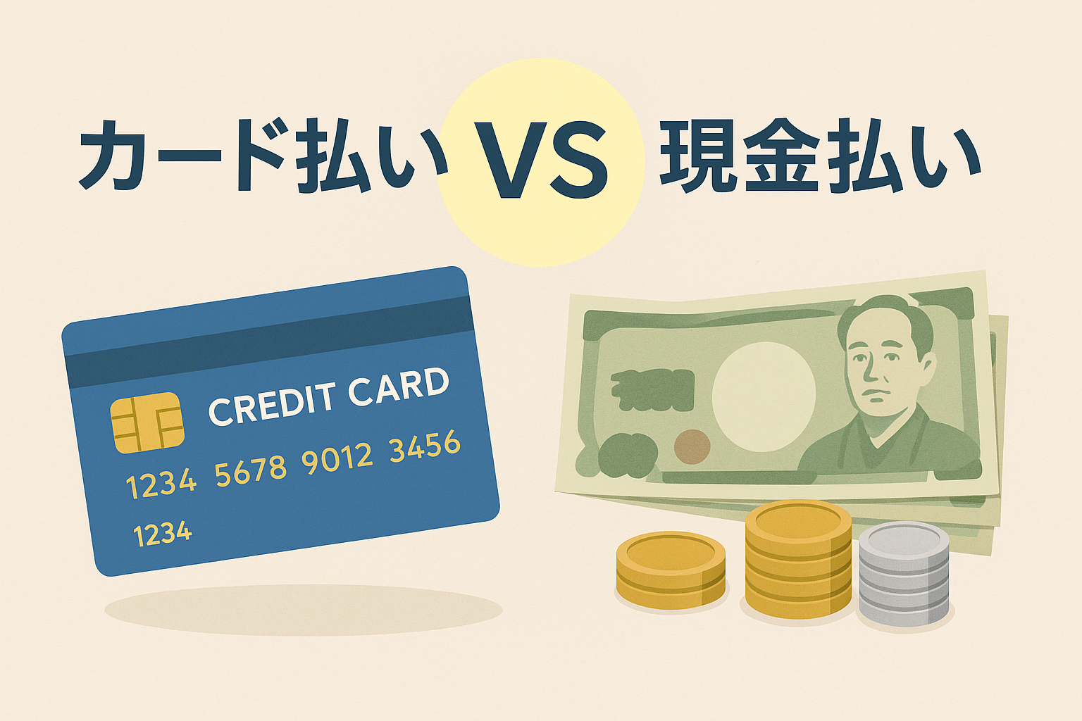 クレジットカードと現金を比較するイメージとして、青いクレジットカードと日本円の紙幣・硬貨が左右に配置されたイラスト。カード払いと現金払いの違いを視覚的に示したデザイン。