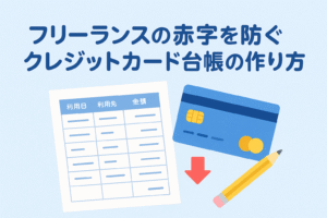 フリーランスがクレジットカードの利用記録を台帳にまとめ、支出管理を行う様子をイメージしたイラスト。カード、台帳、記録用のペンが並び、赤字を防ぐための家計管理を視覚的に表現している。