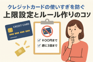 クレジットカードの使いすぎを防ぐために、利用上限設定やルール作りを行うイメージを表したイラスト。カード、チェックリスト、禁止マーク、考えている人物などが描かれ、節約や支出管理のテーマが直感的に伝わるデザイン。