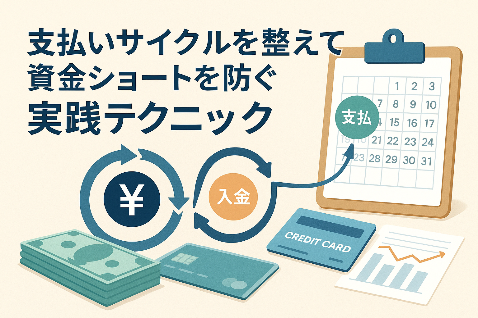 支払いサイクルを整えて資金ショートを防ぐことをテーマに、カレンダー・矢印の循環図・クレジットカード・入金アイコン・紙幣のイラストが配置された画像。入金と支払いの流れが視覚的に理解しやすいデザイン。