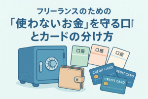 フリーランスが使わないお金を守るために口座とクレジットカードを分けて管理するイメージを描いたイラスト。金庫、財布、複数の銀行口座の通帳、複数のクレジットカードが並び、資金管理や分別を象徴するデザイン。