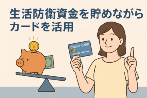 「生活防衛資金を貯めながらカードを活用」というテーマを示すイラストで、貯金箱とクレジットカードを持つ女性が描かれており、節約とカード活用のバランスを表現したデザイン。