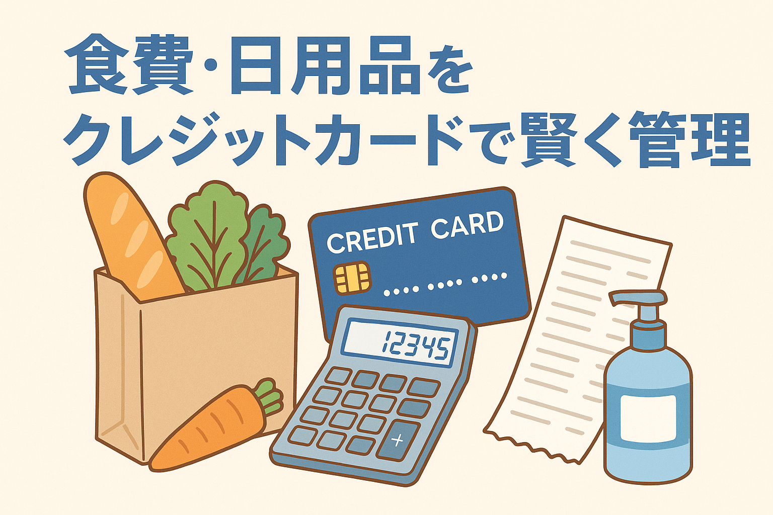 食費や日用品の買い物をクレジットカードで賢く管理するイメージとして、食材の入った紙袋や電卓、レシート、クレジットカードなどが並んで描かれた親しみやすいイラスト。