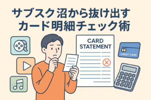 サブスクの整理に悩む人物がクレジットカードの明細を確認している様子を描いたイラスト。カード明細、クレジットカード、電卓、サブスクを連想させるアイコンが配置され、サブスク見直しの重要性を表現している。