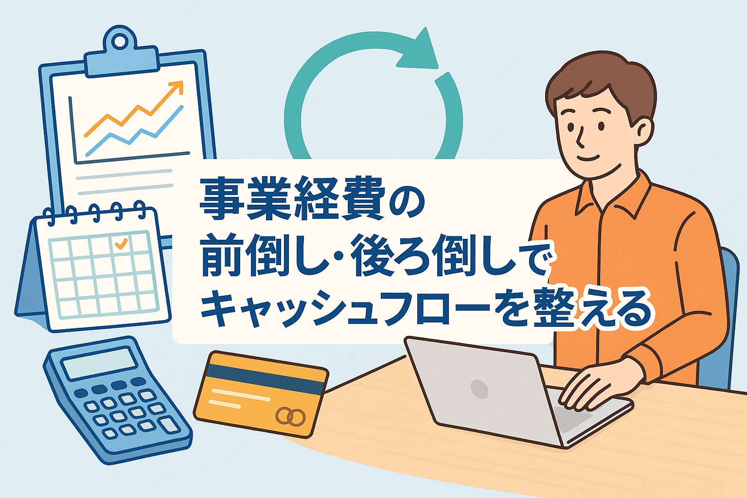 事業経費の前倒し・後ろ倒しによってキャッシュフローを整えるイメージとして、ノートパソコンで作業する人物と、カレンダー・グラフ・クレジットカード・電卓などのアイコンが配置されたイラスト。