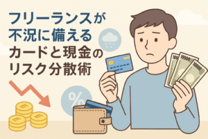 不況に備えるフリーランスが、クレジットカードと現金を手に持ち、資金管理に悩んでいる様子を描いたイラスト。カード、紙幣、財布、下向き矢印、雨のアイコンなどが配置され、リスク分散をイメージできるデザイン。