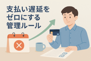 支払い遅延を防ぐために、男性がクレジットカードとチェックリストを確認している様子を描いたイラスト。横に支払日を示すカレンダーが置かれ、期限管理と支払い管理の重要性をイメージできる構図。
