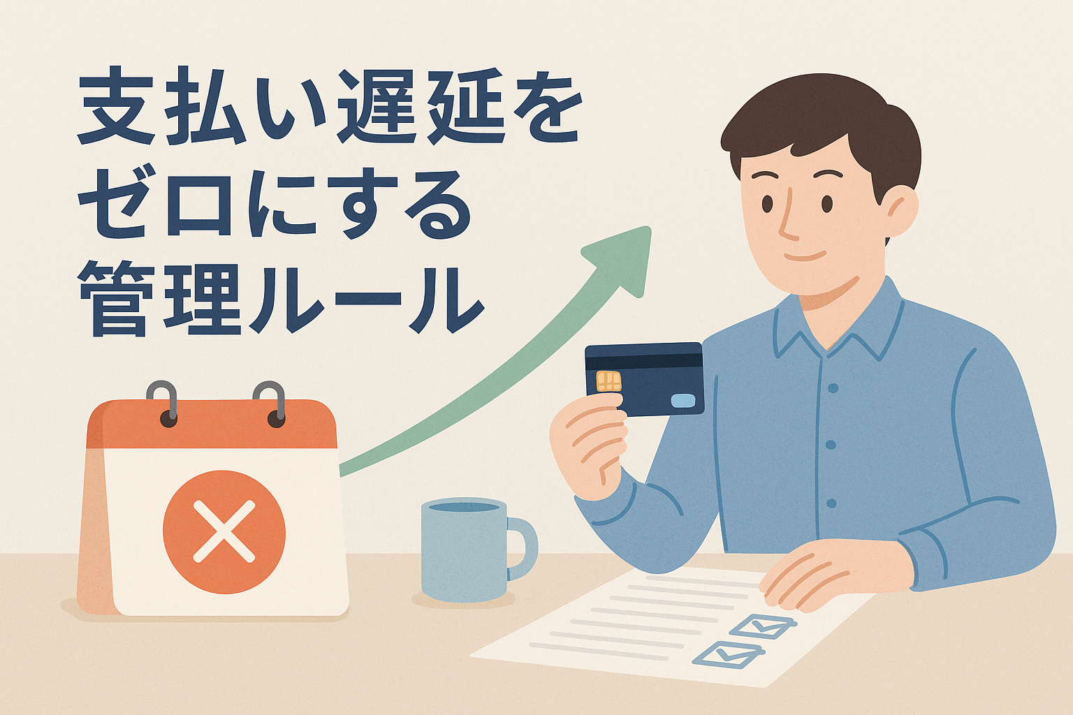 支払い遅延を防ぐために、男性がクレジットカードとチェックリストを確認している様子を描いたイラスト。横に支払日を示すカレンダーが置かれ、期限管理と支払い管理の重要性をイメージできる構図。
