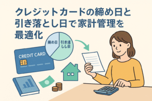 クレジットカードの締め日と引き落とし日を活用して家計管理を最適化するイメージとして、女性が計算機と書類を使って支払い計画を立てているイラスト。横にはクレジットカード、円グラフの締め日・引落日表示、家計アイコンなどが配置されている。