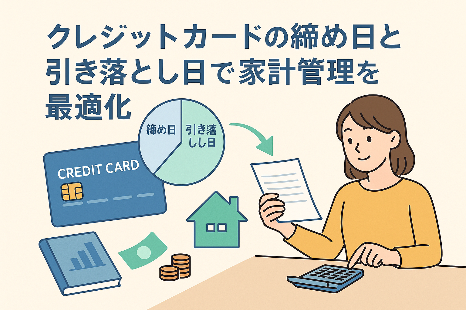 クレジットカードの締め日と引き落とし日を活用して家計管理を最適化するイメージとして、女性が計算機と書類を使って支払い計画を立てているイラスト。横にはクレジットカード、円グラフの締め日・引落日表示、家計アイコンなどが配置されている。