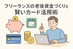 フリーランスが老後資金づくりのために貯金やクレジットカードの管理をしている様子を表現したイラスト。パソコンを操作する男性、貯金箱、クレジットカード、カレンダー、積み上がったコインなどが描かれ、資産形成とカード活用をイメージできる構図。