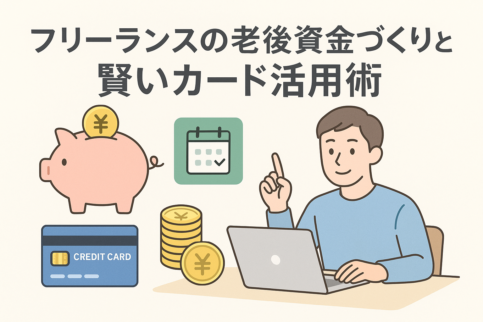 フリーランスが老後資金づくりのために貯金やクレジットカードの管理をしている様子を表現したイラスト。パソコンを操作する男性、貯金箱、クレジットカード、カレンダー、積み上がったコインなどが描かれ、資産形成とカード活用をイメージできる構図。