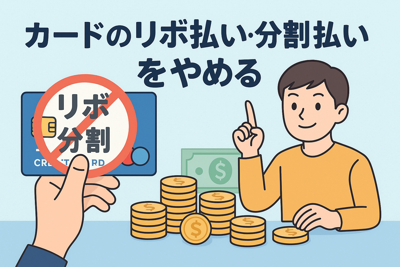 クレジットカードのリボ払い・分割払いをやめることをテーマに、カードを禁止マークで示し、男性が節約や返済計画を考えている様子を描いたイラスト。コインの山や紙幣のアイコンが配置され、健全な家計管理のイメージが伝わる構図。