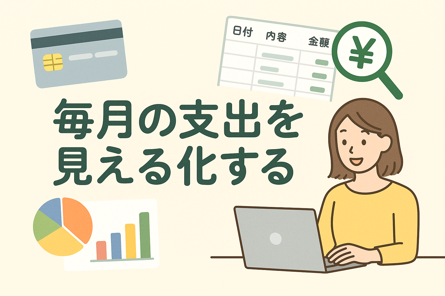 毎月の支出を見える化することをテーマに、女性がパソコンで家計データを確認している様子を描いたイラスト。クレジットカード、明細表、円グラフや棒グラフなどが並び、支出管理をわかりやすく表現している。