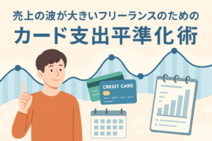 売上の波が大きいフリーランス向けに、クレジットカード支出を平準化する方法をイメージ化したイラスト。男性が指を立てて考えを示し、背景には売上の波を表すグラフ、複数のクレジットカード、カレンダー、支出管理の棒グラフが描かれている。