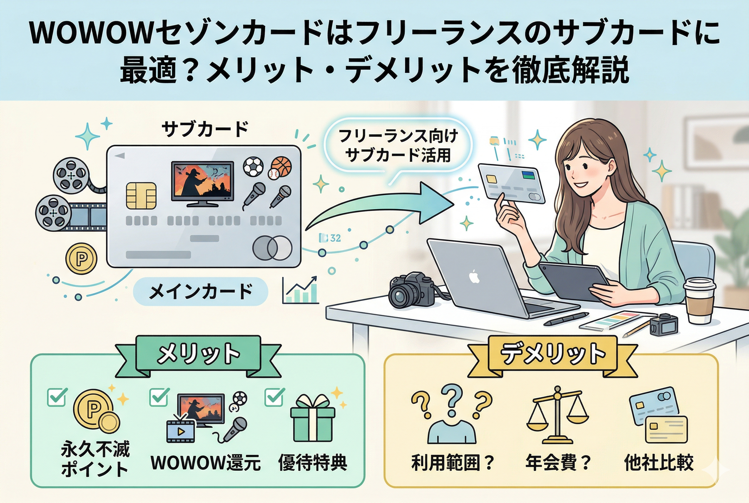 「WOWOWセゾンカードはフリーランスのサブカードに最適？メリット・デメリットを徹底解説」というタイトルが書かれたアイキャッチ画像。デスクでノートPCやカメラを使い仕事をする女性フリーランスのイラストを中心に、左側にはWOWOWの映画・音楽・スポーツを象徴するアイコンとカードが描かれています。下部にはメリット（永久不滅ポイント、WOWOW還元、優待特典）と、デメリット（利用範囲、年会費、他社比較）が図解されており、フリーランスに向けたサブカード活用術をわかりやすく表現しています。