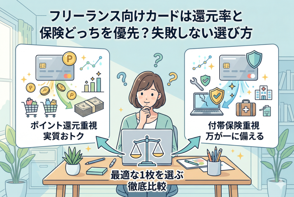 「フリーランス向けカードは還元率と保険どっちを優先？失敗しない選び方」というタイトルが書かれたアイキャッチ画像。中央でデスクに向かう女性フリーランスが、手元の天秤を使って2つのパネルを比較しています。左側には「ポイント還元重視（コインや買い物、グラフのアイコン）」、右側には「付帯保険重視（盾で守られたPCや救急箱のアイコン）」が描かれ、それぞれのメリットを直感的に対比させた、清潔感のある精緻なインフォグラフィックデザインです。