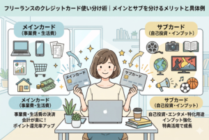 デスクで作業する女性フリーランスが「メインカード」と「サブカード」を両手に持ち、使い分けている様子を描いたイラスト。左側にはメインカードの用途として事業費・生活費（PC、スマホ、家賃、買い物など）が、右側にはサブカードの用途として自己投資・インプット（映画、カメラ、書籍、動画視聴など）がアイコンで分かりやすく分類されています。カードの役割を分けることで経理が楽になり、成長に繋がる仕組みを視覚的に説明したインフォグラフィックです。