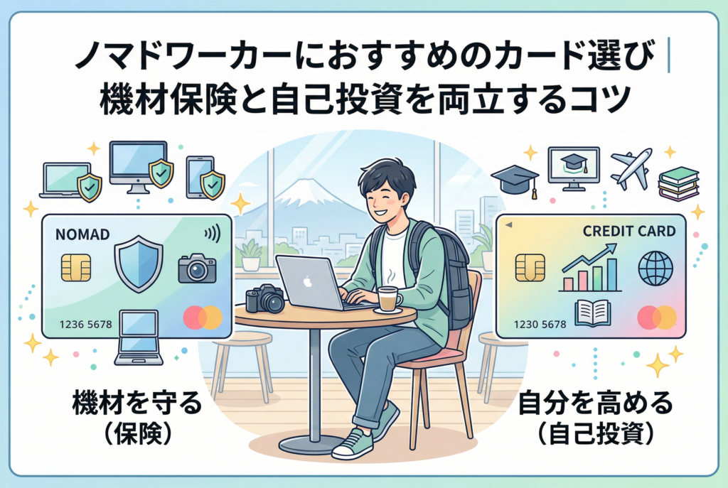 「ノマドワーカーにおすすめのカード選び|機材保険と自己投資を両立するコツ」というタイトルが入ったアイキャッチ画像。中央には、カフェでノートパソコンとカメラを手に作業する男性ノマドワーカーが描かれています。左側には「機材を守る(保険)」という文字とシールドやデバイスのアイコンが描かれたカード、右側には「自分を高める(自己投資)」という文字と本や飛行機のアイコンが描かれたカードが配置され、移動の多い働き方に必要な「守りと攻め」のバランスを視覚的に図解した、清潔感のある精緻なイラストです。