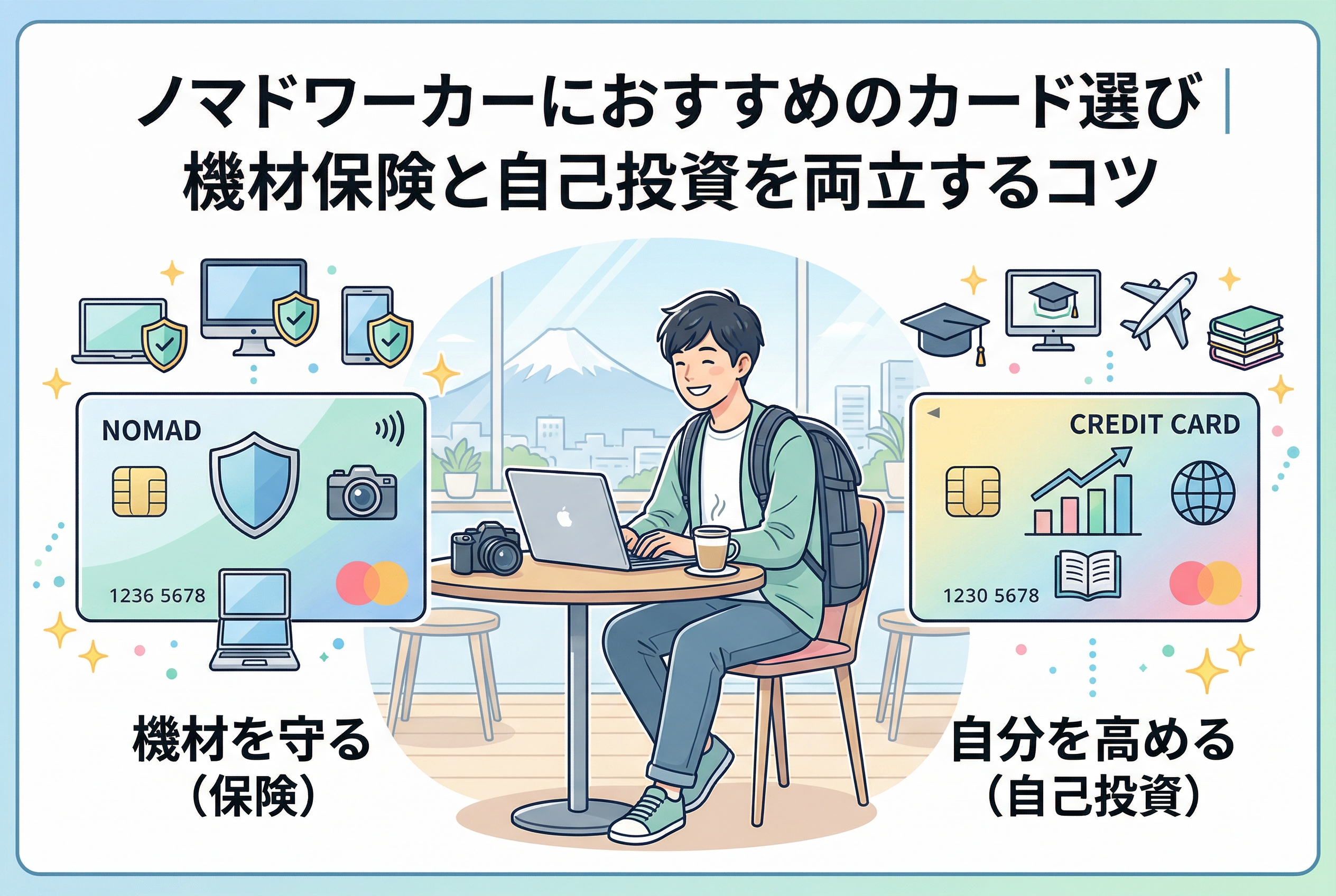 「ノマドワーカーにおすすめのカード選び｜機材保険と自己投資を両立するコツ」というタイトルが入ったアイキャッチ画像。中央には、カフェでノートパソコンとカメラを手に作業する男性ノマドワーカーが描かれています。左側には「機材を守る（保険）」という文字とシールドやデバイスのアイコンが描かれたカード、右側には「自分を高める（自己投資）」という文字と本や飛行機のアイコンが描かれたカードが配置され、移動の多い働き方に必要な「守りと攻め」のバランスを視覚的に図解した、清潔感のある精緻なイラストです。