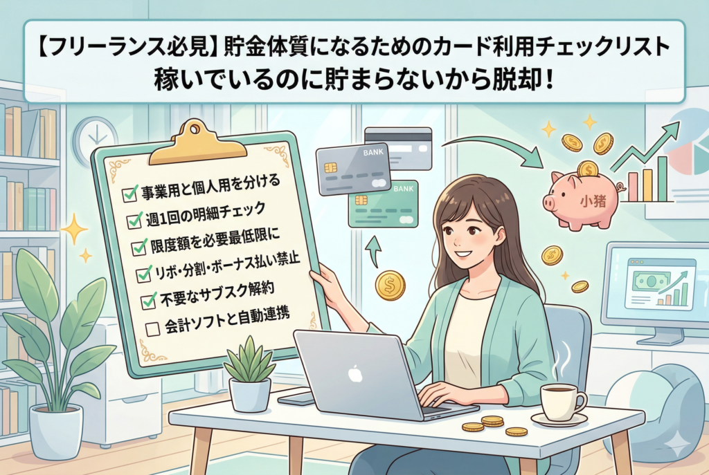 笑顔のフリーランス女性がPCで作業しており、横にある大きなクリップボードのチェックリストには、稼いでいるのに貯まらない状況から脱却するための項目（事業用と個人用の分離、週1回の明細チェック、リボ・分割・ボーナス払い禁止など）が並び、多くにチェックが入っています。周囲にはクレジットカード、コイン、ブタの貯金箱、成長グラフが描かれています。