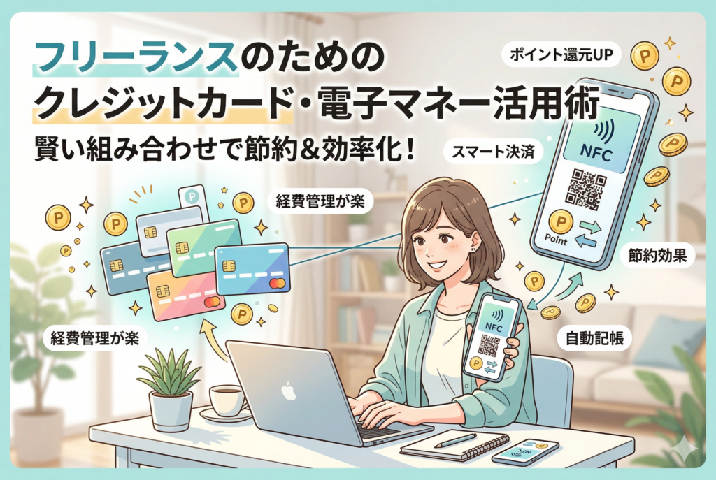 フリーランスのためのクレジットカードと電子マネー活用術を解説するアイキャッチ画像。笑顔の女性がラップトップとスマホ決済を使いこなしており、周囲には『節約＆効率化』『ポイント還元UP』『自動記帳』などのキーワードが浮かんでいます。