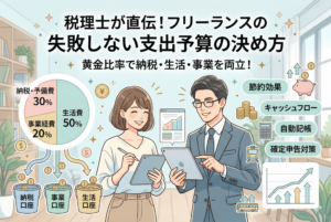 笑顔のフリーランス女性と税理士の男性が、タブレットを見ながら支出予算について話すイラスト。左側には、納税・予備費30％、生活費50％、事業経費20％の黄金比率を示す円グラフと、それを「納税口座」「事業口座」「生活口座」に分けるバケツが描かれています。右側には、節約効果、キャッシュフロー、自動記帳、確定申告対策などのアイコンと、右肩上がりの成長を示すグラフが配置されています。