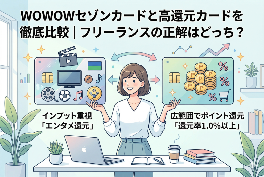 「WOWOWセゾンカードと高還元カードを徹底比較｜フリーランスの正解はどっち？」というタイトルが書かれたアイキャッチ画像。中央でPC作業をする女性フリーランスが、左側に「インプット重視・エンタメ還元（映画や音楽のアイコン）」、右側に「広範囲でポイント還元・還元率1.0%以上（積み上がったコインとカートのアイコン）」という2つの選択肢を天秤にかけるように比較しているイラストです。